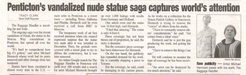 Headline: Penticton's Vandalized Nude Statue Sega Captures World Attention Western February 4th 2007