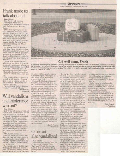 Penticton Herald March 1st 2005 Letters to the editor in regards to The Baggage Handler.