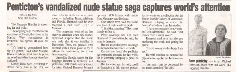 Headline: Penticton's Vandalized Nude Statue Sega Captures World Attention Western February 4th 2007