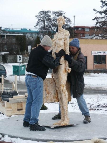 Frank the Baggage Handler being installed in the roundabout in Penticton BC