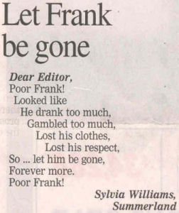 A peom submitted to the Penticton Western about Frank the Baggage Handler
